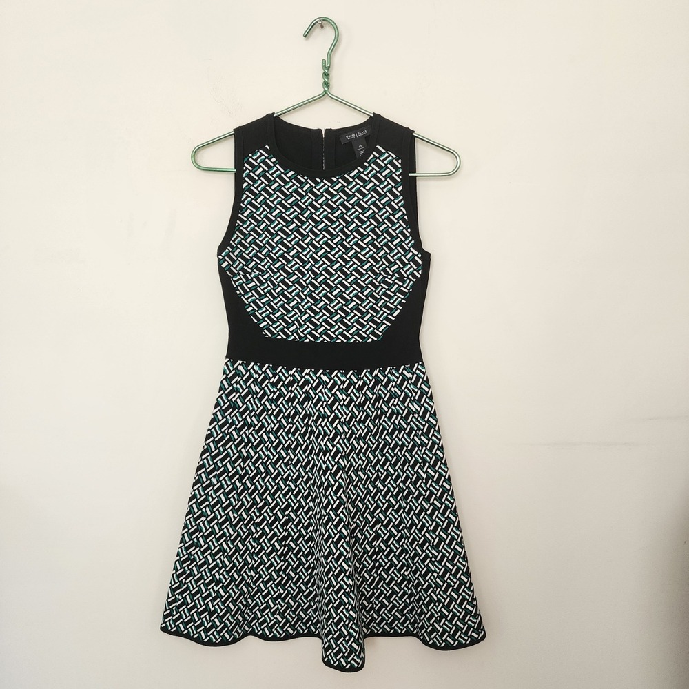 White House Black Market Sleeveless Geometric Fit Flare Knit Dress Black Teal XS